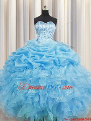 Edgy Pick Ups Visible Boning Floor Length Ball Gowns Sleeveless Baby Blue Quinceanera Dresses Lace Up