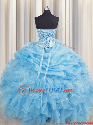Edgy Pick Ups Visible Boning Floor Length Ball Gowns Sleeveless Baby Blue Quinceanera Dresses Lace Up