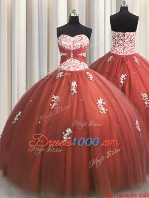 Tulle Sweetheart Sleeveless Lace Up Beading and Appliques Ball Gown Prom Dress in Rust Red