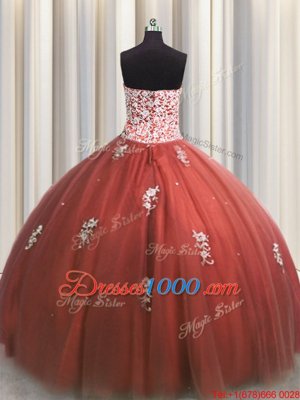 Tulle Sweetheart Sleeveless Lace Up Beading and Appliques Ball Gown Prom Dress in Rust Red