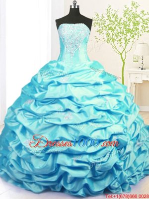 Discount Pick Ups Strapless Sleeveless Sweep Train Lace Up Quinceanera Gown Aqua Blue Taffeta