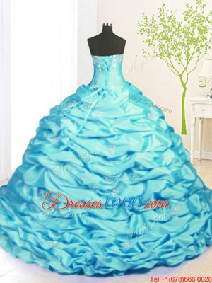 Discount Pick Ups Strapless Sleeveless Sweep Train Lace Up Quinceanera Gown Aqua Blue Taffeta