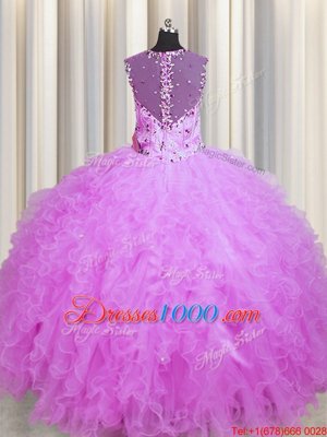 Fitting See Through Zipper Up Sleeveless Floor Length Beading and Ruffles Zipper Quinceanera Dresses with Lilac