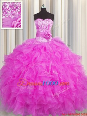 Top Selling Handcrafted Flower Fuchsia Sweetheart Lace Up Beading and Ruffles and Hand Made Flower Sweet 16 Quinceanera Dress Sleeveless