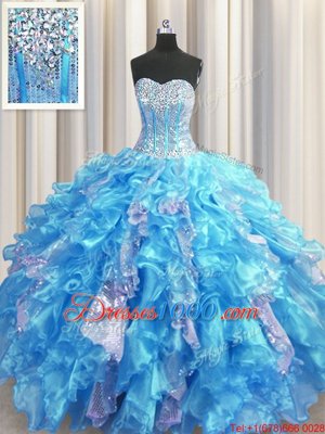 Dazzling Sequins Visible Boning Floor Length Ball Gowns Sleeveless Baby Blue Ball Gown Prom Dress Lace Up