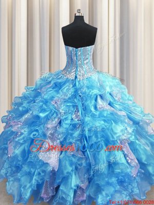 Dazzling Sequins Visible Boning Floor Length Ball Gowns Sleeveless Baby Blue Ball Gown Prom Dress Lace Up