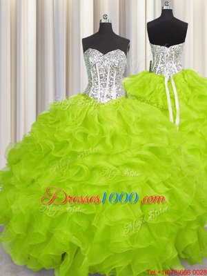 Yellow Green Ball Gowns Organza Sweetheart Sleeveless Beading and Ruffles Floor Length Lace Up Quinceanera Gown