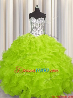 Yellow Green Ball Gowns Organza Sweetheart Sleeveless Beading and Ruffles Floor Length Lace Up Quinceanera Gown