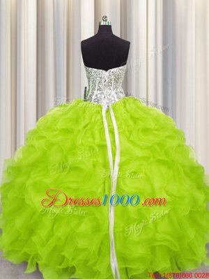 Yellow Green Ball Gowns Organza Sweetheart Sleeveless Beading and Ruffles Floor Length Lace Up Quinceanera Gown