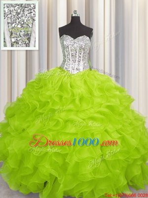 Yellow Green Ball Gowns Organza Sweetheart Sleeveless Beading and Ruffles Floor Length Lace Up Quinceanera Gown