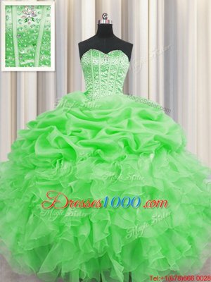 Luxurious Visible Boning Green Ball Gowns Organza Sweetheart Sleeveless Beading and Ruffles and Pick Ups Floor Length Lace Up Sweet 16 Dress