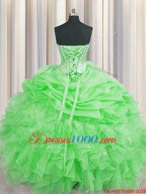 Luxurious Visible Boning Green Ball Gowns Organza Sweetheart Sleeveless Beading and Ruffles and Pick Ups Floor Length Lace Up Sweet 16 Dress