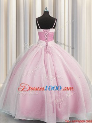 High Class Rose Pink Ball Gowns Spaghetti Straps Sleeveless Organza Floor Length Lace Up Beading and Ruching Sweet 16 Dress