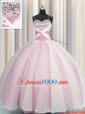 High Class Rose Pink Ball Gowns Spaghetti Straps Sleeveless Organza Floor Length Lace Up Beading and Ruching Sweet 16 Dress
