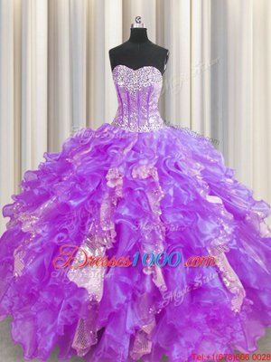 Visible Boning Sweetheart Sleeveless Organza and Sequined Quince Ball Gowns Beading and Ruffles and Sequins Lace Up