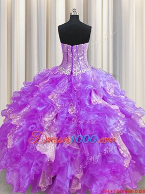 Visible Boning Sweetheart Sleeveless Organza and Sequined Quince Ball Gowns Beading and Ruffles and Sequins Lace Up