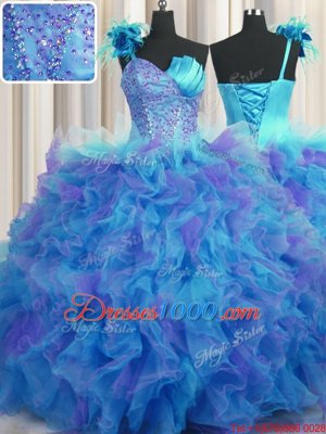Best One Shoulder Handcrafted Flower Sleeveless Floor Length Beading and Ruffles and Hand Made Flower Lace Up Quinceanera Dress with Multi-color