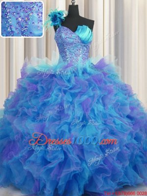 Best One Shoulder Handcrafted Flower Sleeveless Floor Length Beading and Ruffles and Hand Made Flower Lace Up Quinceanera Dress with Multi-color