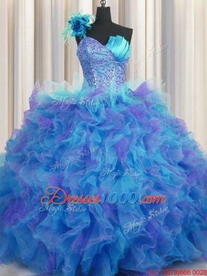 Best One Shoulder Handcrafted Flower Sleeveless Floor Length Beading and Ruffles and Hand Made Flower Lace Up Quinceanera Dress with Multi-color