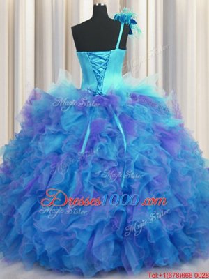 Best One Shoulder Handcrafted Flower Sleeveless Floor Length Beading and Ruffles and Hand Made Flower Lace Up Quinceanera Dress with Multi-color