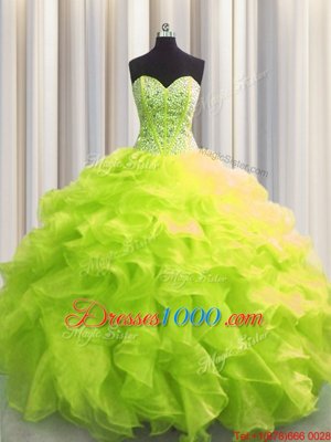 Graceful Visible Boning Organza Sleeveless Floor Length Quinceanera Gown and Beading and Ruffles