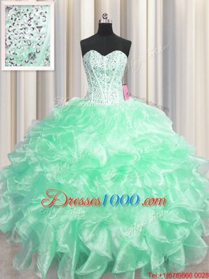Visible Boning Floor Length Zipper Vestidos de Quinceanera Apple Green and In for Military Ball and Sweet 16 and Quinceanera with Beading and Ruffles