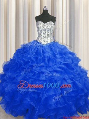 Organza Sweetheart Sleeveless Lace Up Beading and Ruffles 15 Quinceanera Dress in Royal Blue