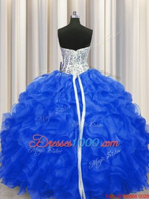 Organza Sweetheart Sleeveless Lace Up Beading and Ruffles 15 Quinceanera Dress in Royal Blue