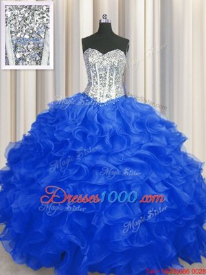 Organza Sweetheart Sleeveless Lace Up Beading and Ruffles 15 Quinceanera Dress in Royal Blue