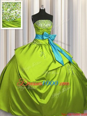 High Quality Taffeta Strapless Sleeveless Lace Up Beading and Ruching and Bowknot Quinceanera Gown in Olive Green