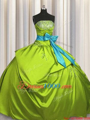 High Quality Taffeta Strapless Sleeveless Lace Up Beading and Ruching and Bowknot Quinceanera Gown in Olive Green