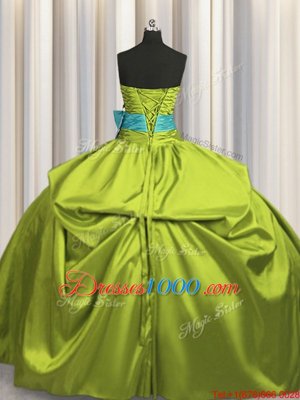 High Quality Taffeta Strapless Sleeveless Lace Up Beading and Ruching and Bowknot Quinceanera Gown in Olive Green