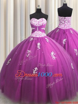 Fuchsia Sweetheart Neckline Beading and Appliques Quinceanera Gowns Sleeveless Lace Up