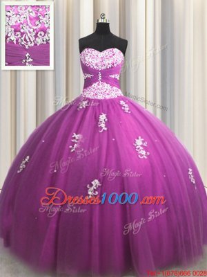 Fuchsia Sweetheart Neckline Beading and Appliques Quinceanera Gowns Sleeveless Lace Up