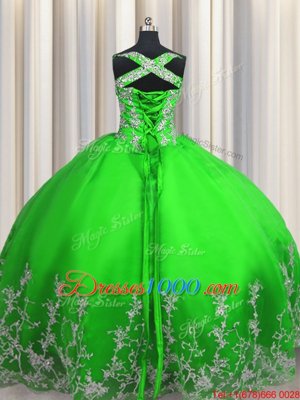Green Lace Up Quinceanera Gowns Beading and Appliques Sleeveless Floor Length