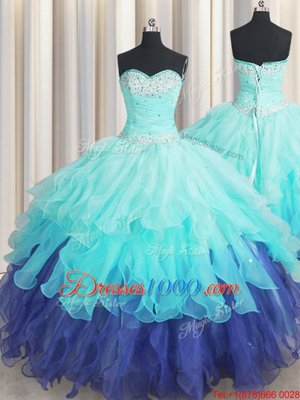 Most Popular Multi-color Quinceanera Gown Military Ball and Sweet 16 and Quinceanera and For with Beading and Ruffles and Ruffled Layers and Sequins Sweetheart Sleeveless Lace Up