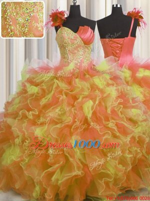 Perfect One Shoulder Handcrafted Flower Floor Length Lace Up Quince Ball Gowns Multi-color and In for Military Ball and Sweet 16 and Quinceanera with Beading and Ruffles and Hand Made Flower