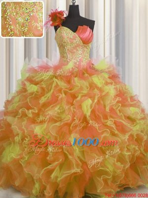 Perfect One Shoulder Handcrafted Flower Floor Length Lace Up Quince Ball Gowns Multi-color and In for Military Ball and Sweet 16 and Quinceanera with Beading and Ruffles and Hand Made Flower