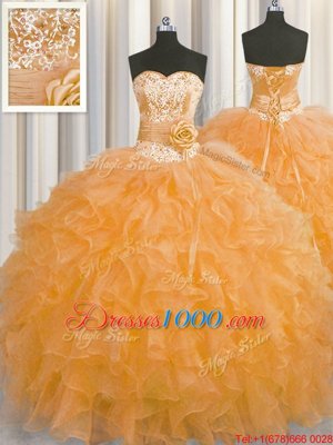 Edgy Handcrafted Flower Sweetheart Sleeveless 15th Birthday Dress Floor Length Beading and Ruffles and Hand Made Flower Orange Organza