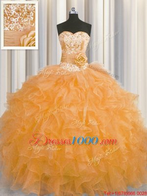 Edgy Handcrafted Flower Sweetheart Sleeveless 15th Birthday Dress Floor Length Beading and Ruffles and Hand Made Flower Orange Organza