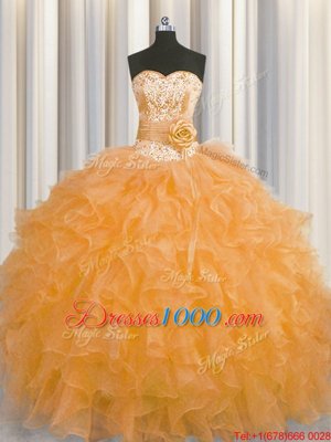 Edgy Handcrafted Flower Sweetheart Sleeveless 15th Birthday Dress Floor Length Beading and Ruffles and Hand Made Flower Orange Organza