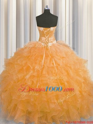 Edgy Handcrafted Flower Sweetheart Sleeveless 15th Birthday Dress Floor Length Beading and Ruffles and Hand Made Flower Orange Organza