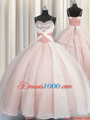 Simple Sleeveless Floor Length Beading and Ruffles Lace Up Sweet 16 Dresses with Rose Pink