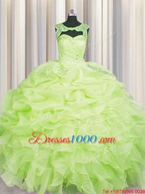 Excellent Scoop Beading and Pick Ups 15th Birthday Dress Yellow Green Lace Up Sleeveless Floor Length