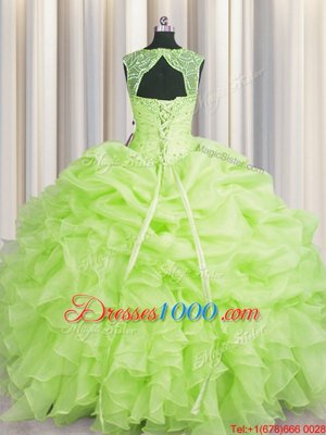Excellent Scoop Beading and Pick Ups 15th Birthday Dress Yellow Green Lace Up Sleeveless Floor Length