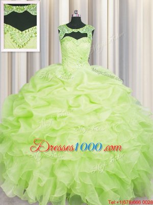 Excellent Scoop Beading and Pick Ups 15th Birthday Dress Yellow Green Lace Up Sleeveless Floor Length