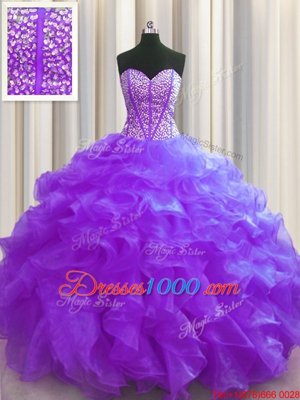 Visible Boning Floor Length Ball Gowns Sleeveless Purple Quinceanera Gowns Lace Up