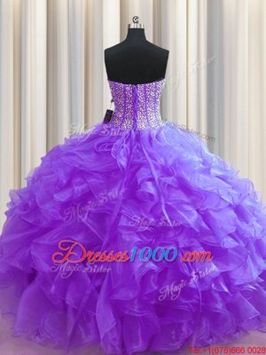 Visible Boning Floor Length Ball Gowns Sleeveless Purple Quinceanera Gowns Lace Up