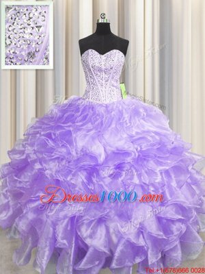 Perfect Visible Boning Zipper Up Sleeveless Floor Length Beading and Ruffles Zipper Vestidos de Quinceanera with Lavender