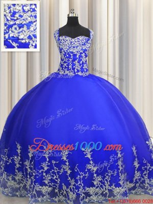Spectacular Halter Top Royal Blue Sleeveless Floor Length Beading and Appliques Lace Up Quinceanera Gown